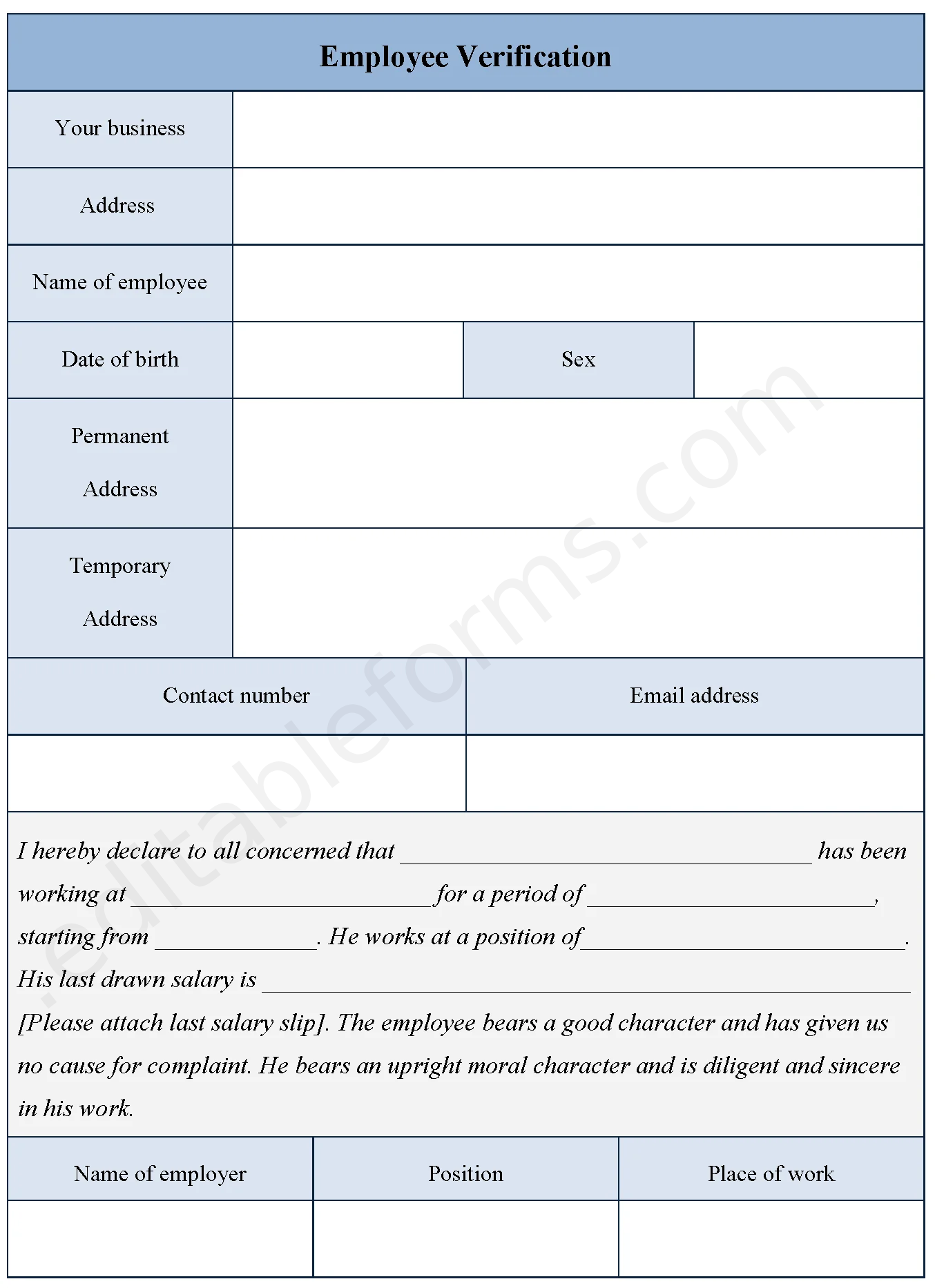 Employee Verification Fillable PDF Template