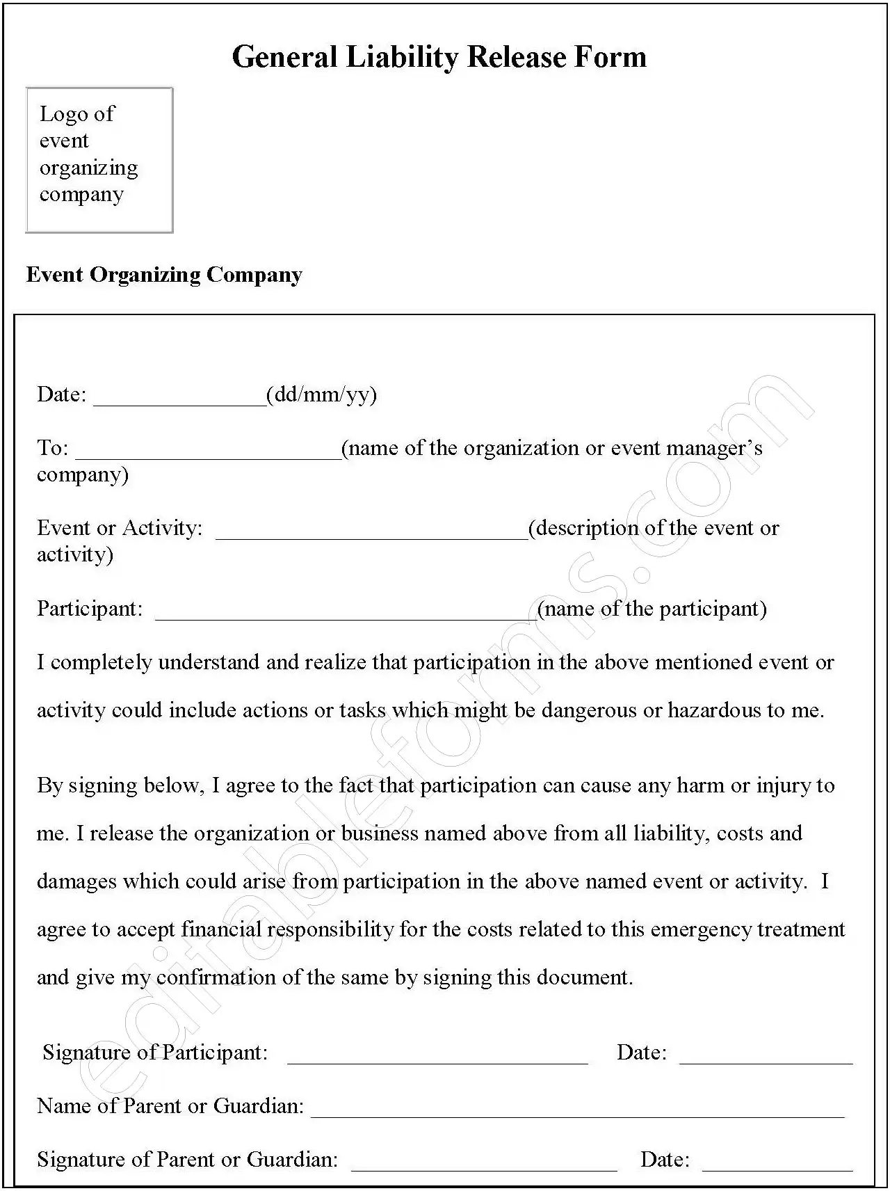 General Liability Release Fillable PDF Template