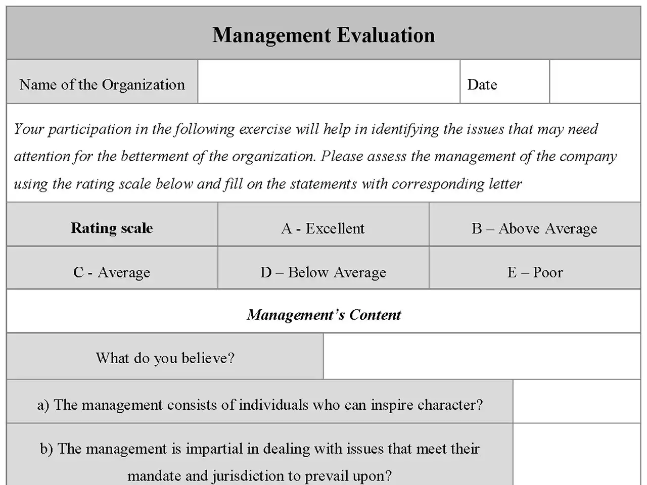 Management Evaluation Form