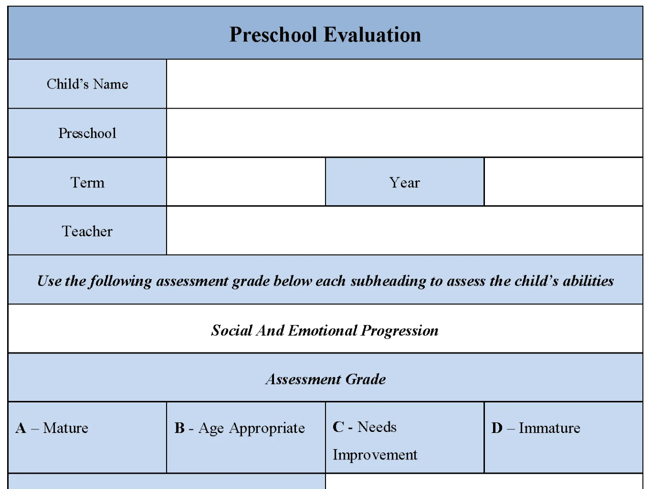 Preschool Evaluation Form