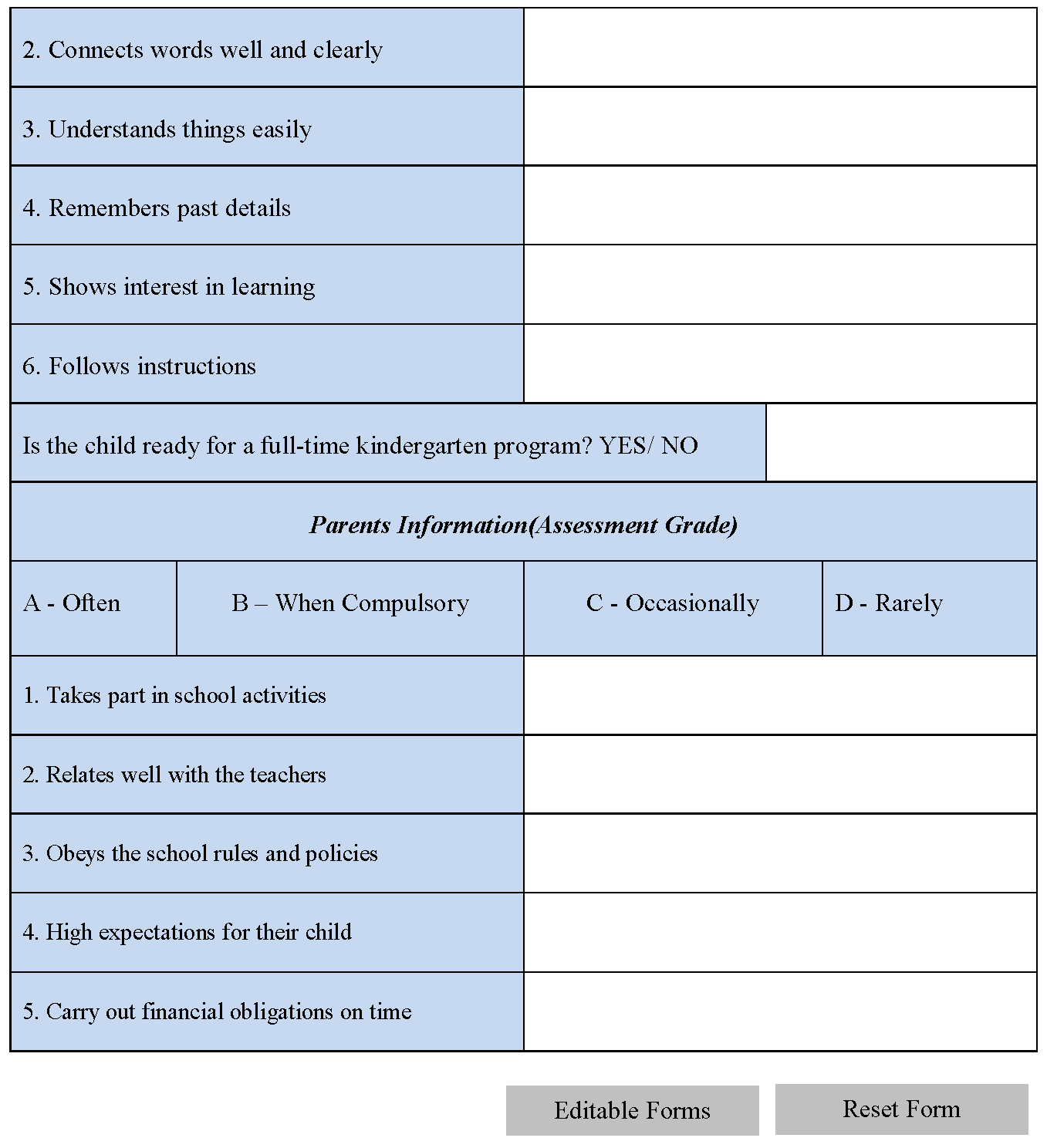 Preschool Evaluation Form