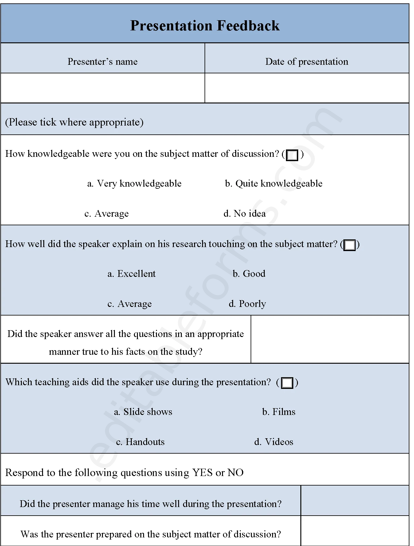 Presentation Feedback Fillable PDF Template