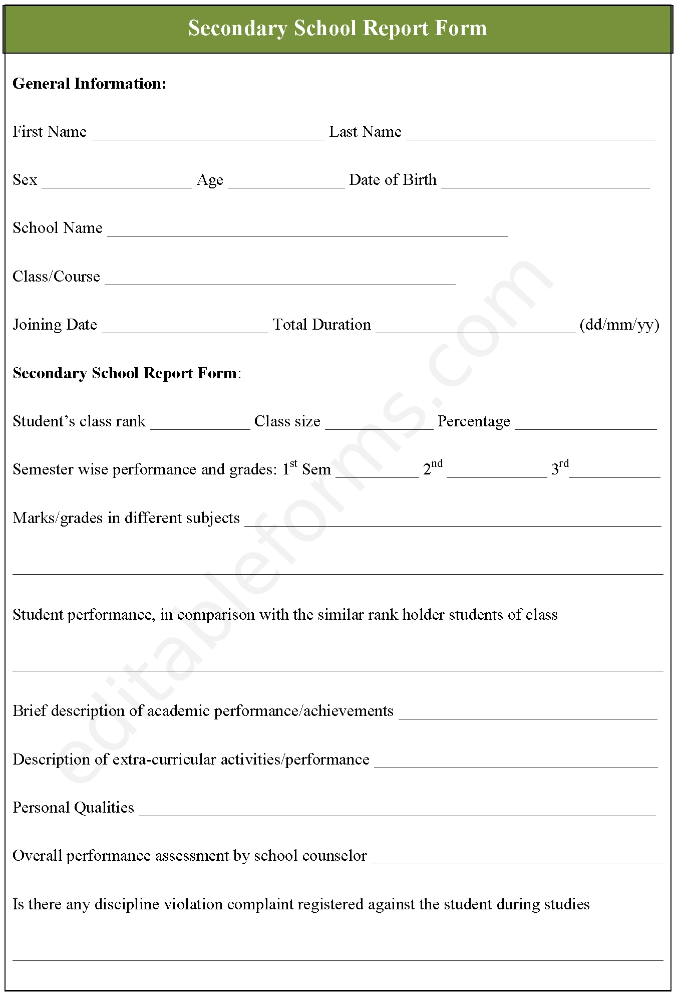 Secondary School Report Fillable PDF Template