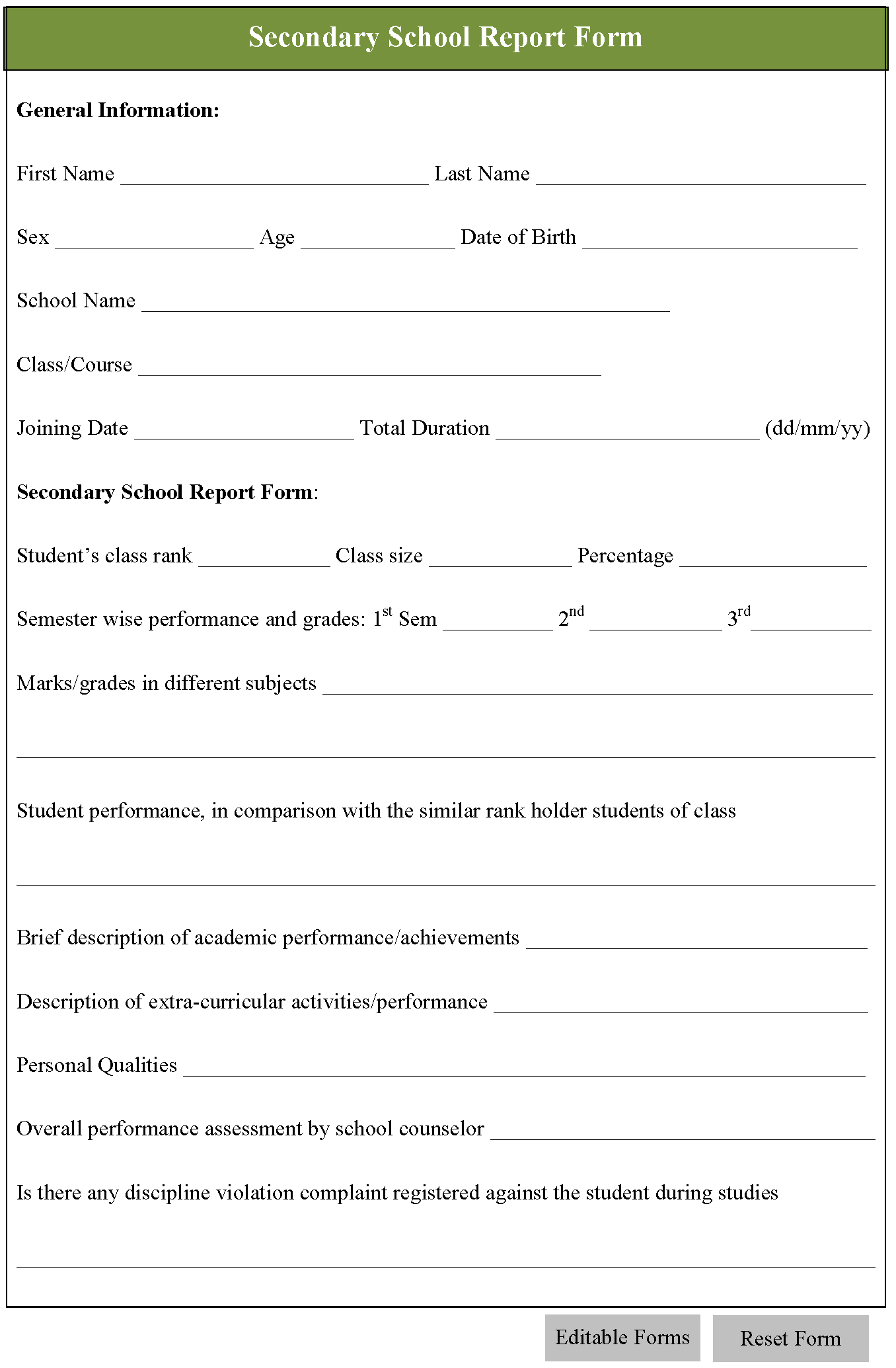 Secondary School Report Form
