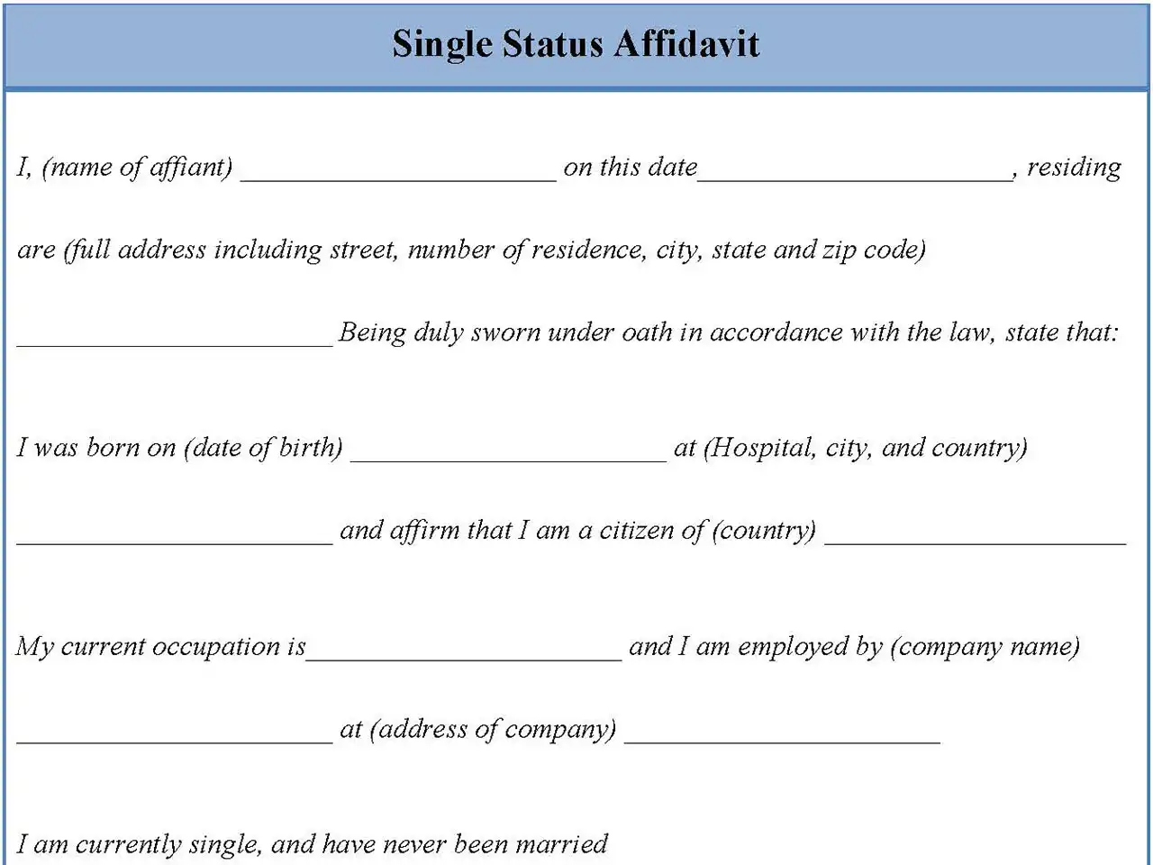 Single Status Affidavit Form