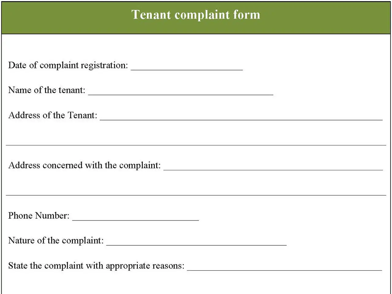 Tenant Complaint Form Tenant Complaint Form