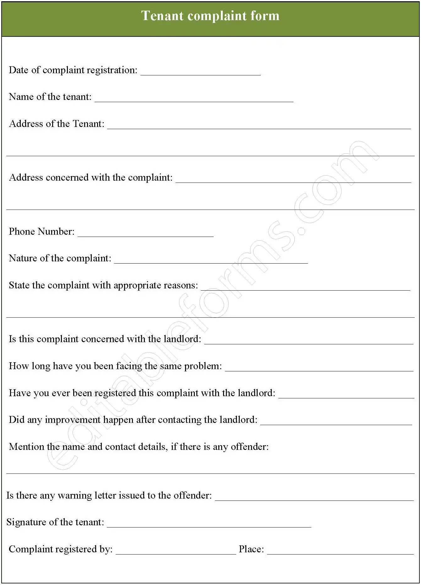 Tenant Complaint Fillable PDF Template