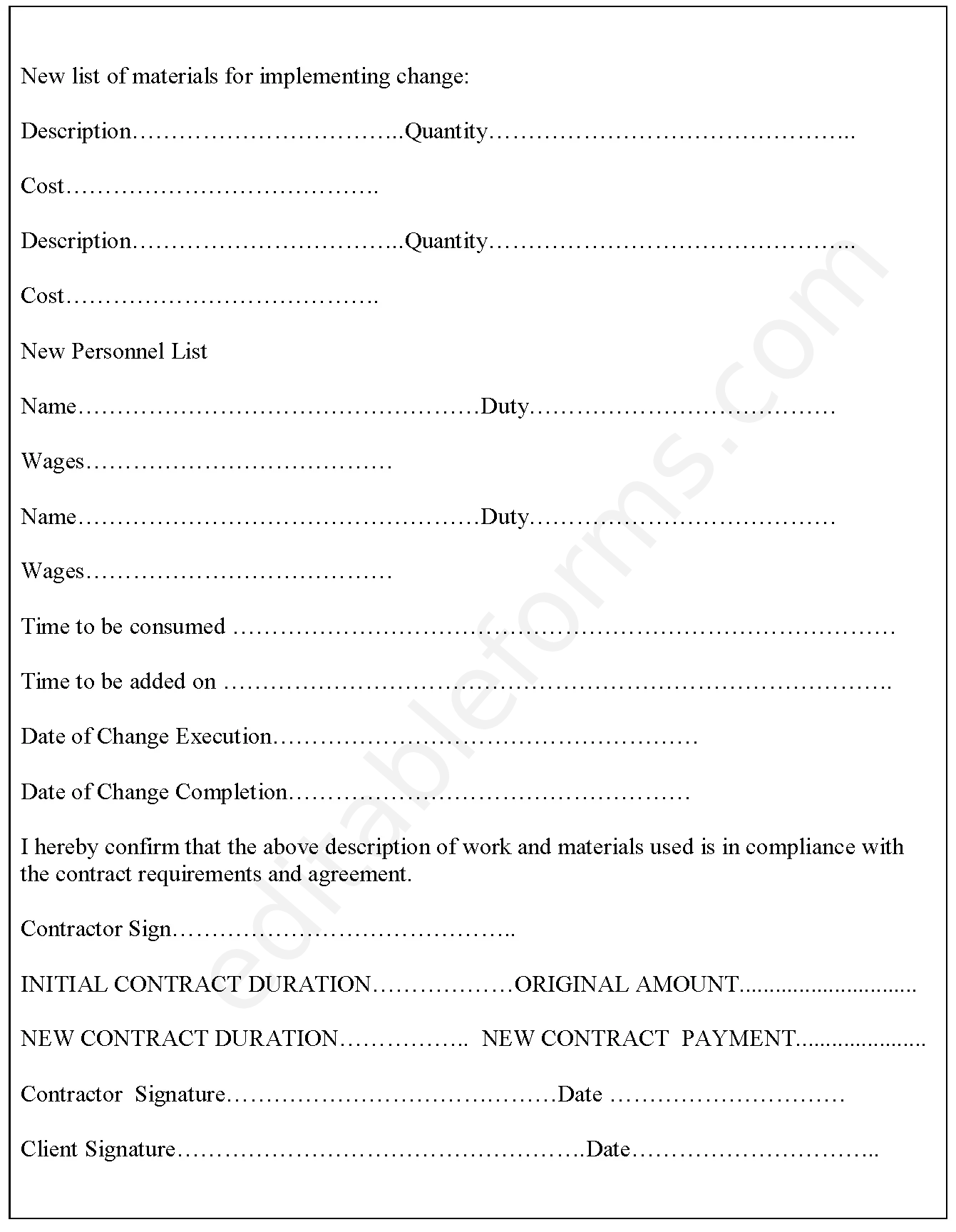 Contractor Change Order Fillable PDF template