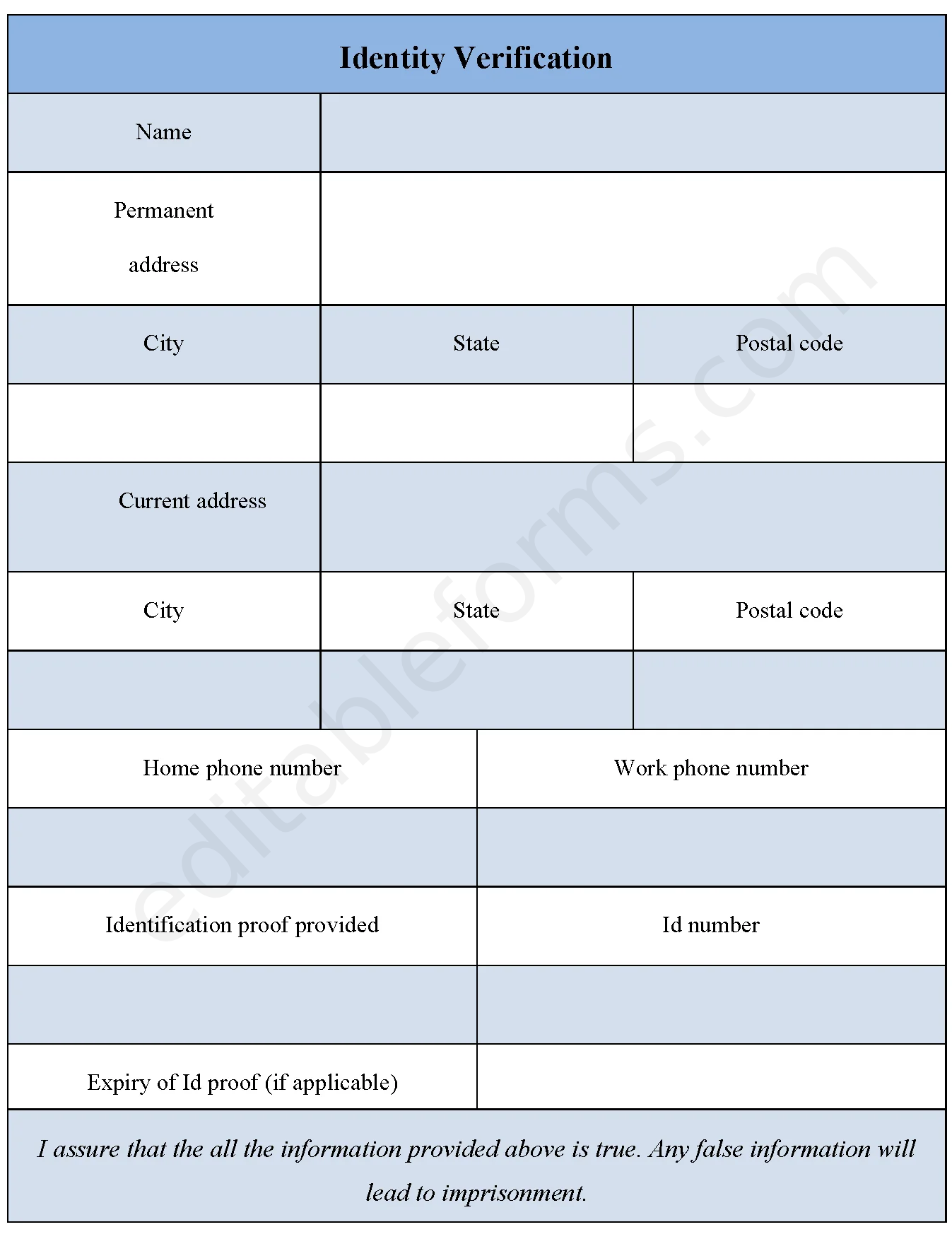 Identity Verification Fillable PDF Template