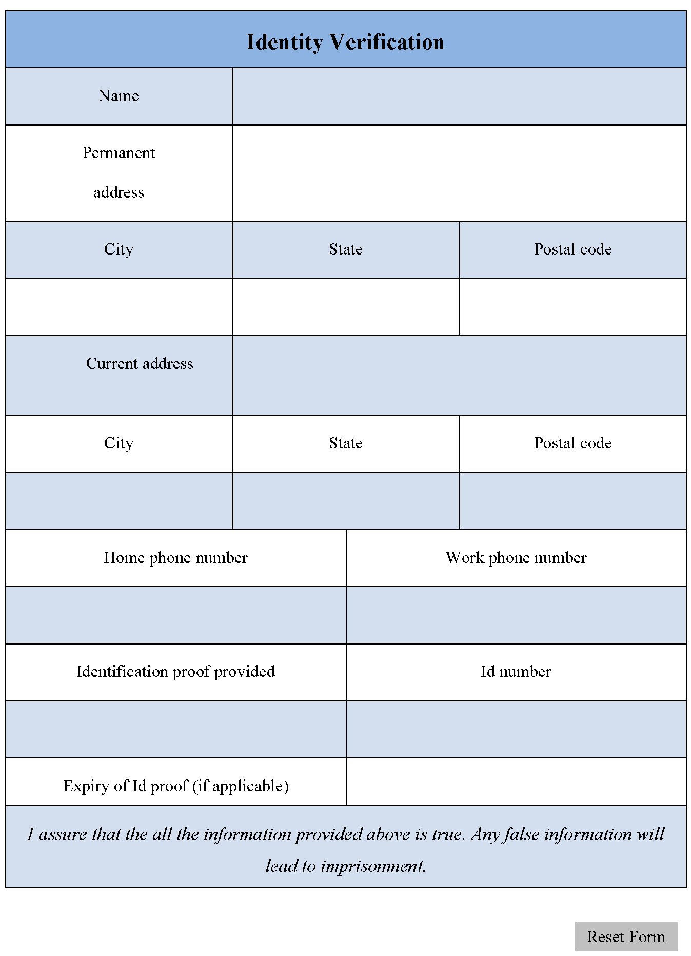 Identity Verification Form Editable PDF Forms