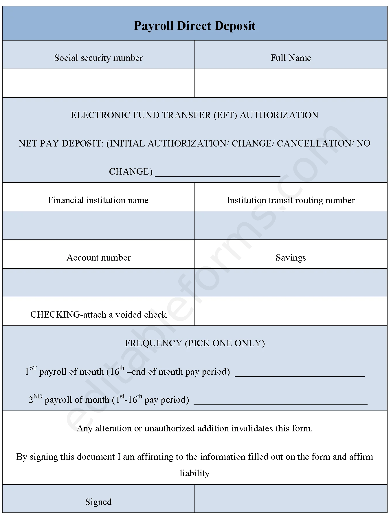 Payroll Direct Deposit Fillable PDF Template