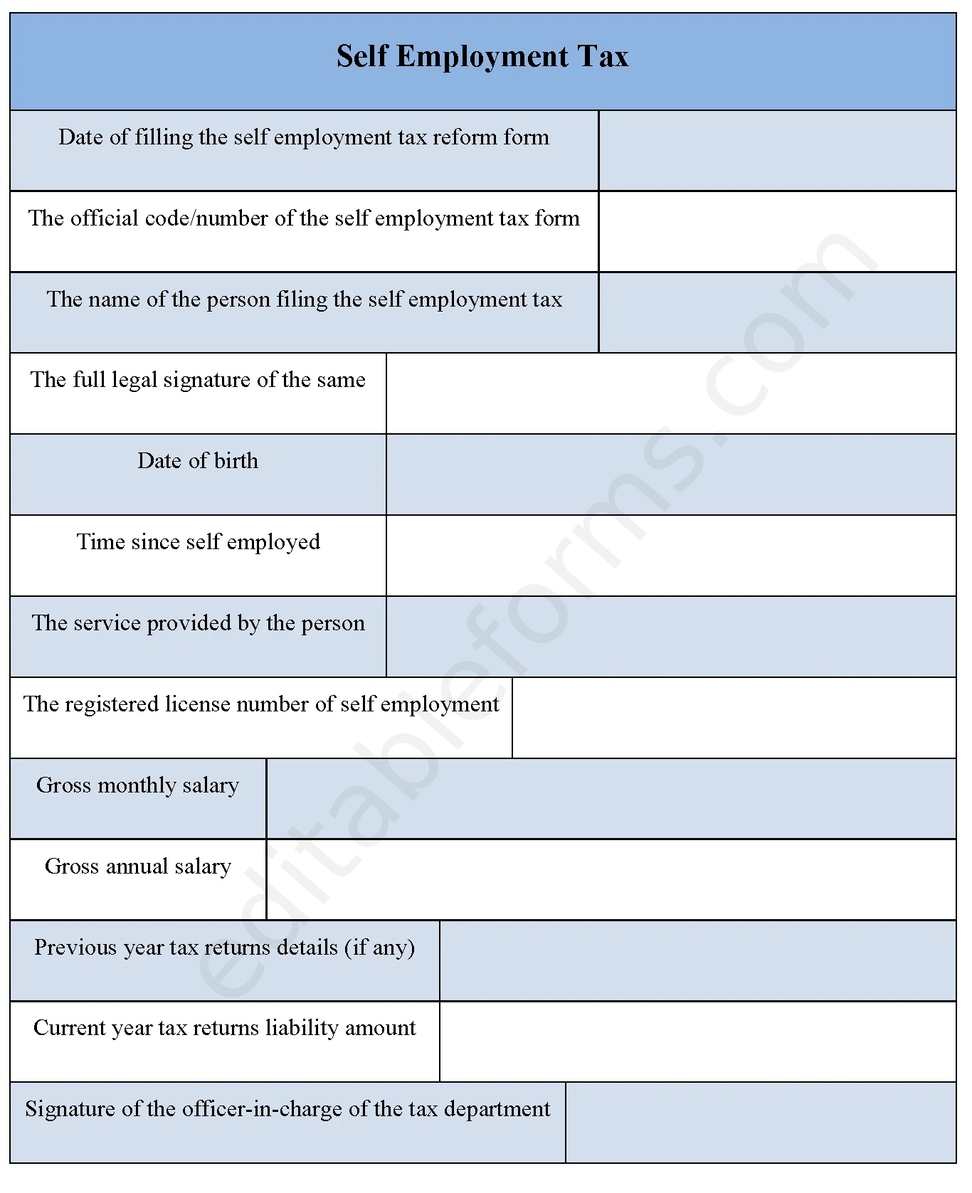 Self Employment Tax Fillable PDF Template