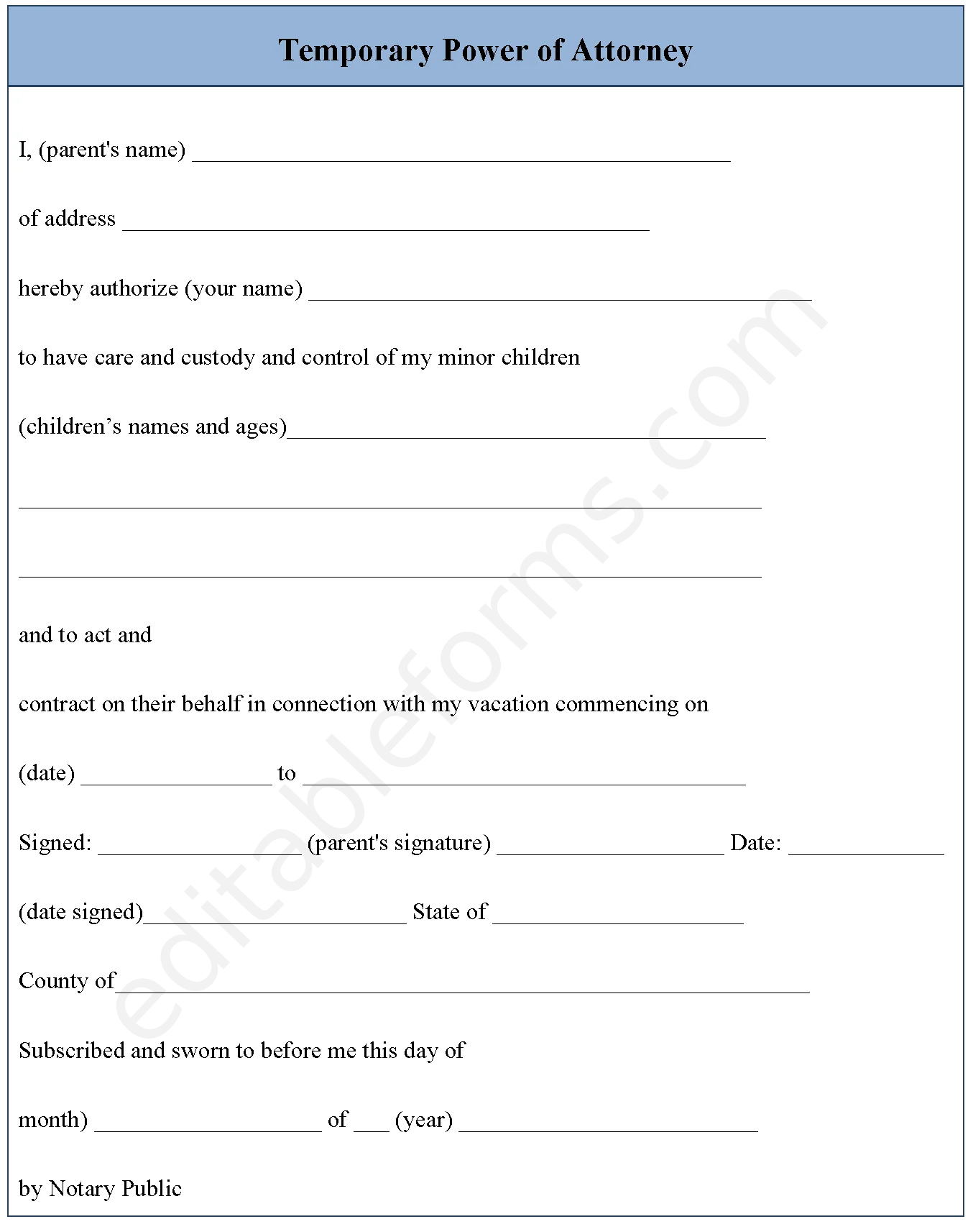 Temporary Power Of Attorney Fillable PDF Template