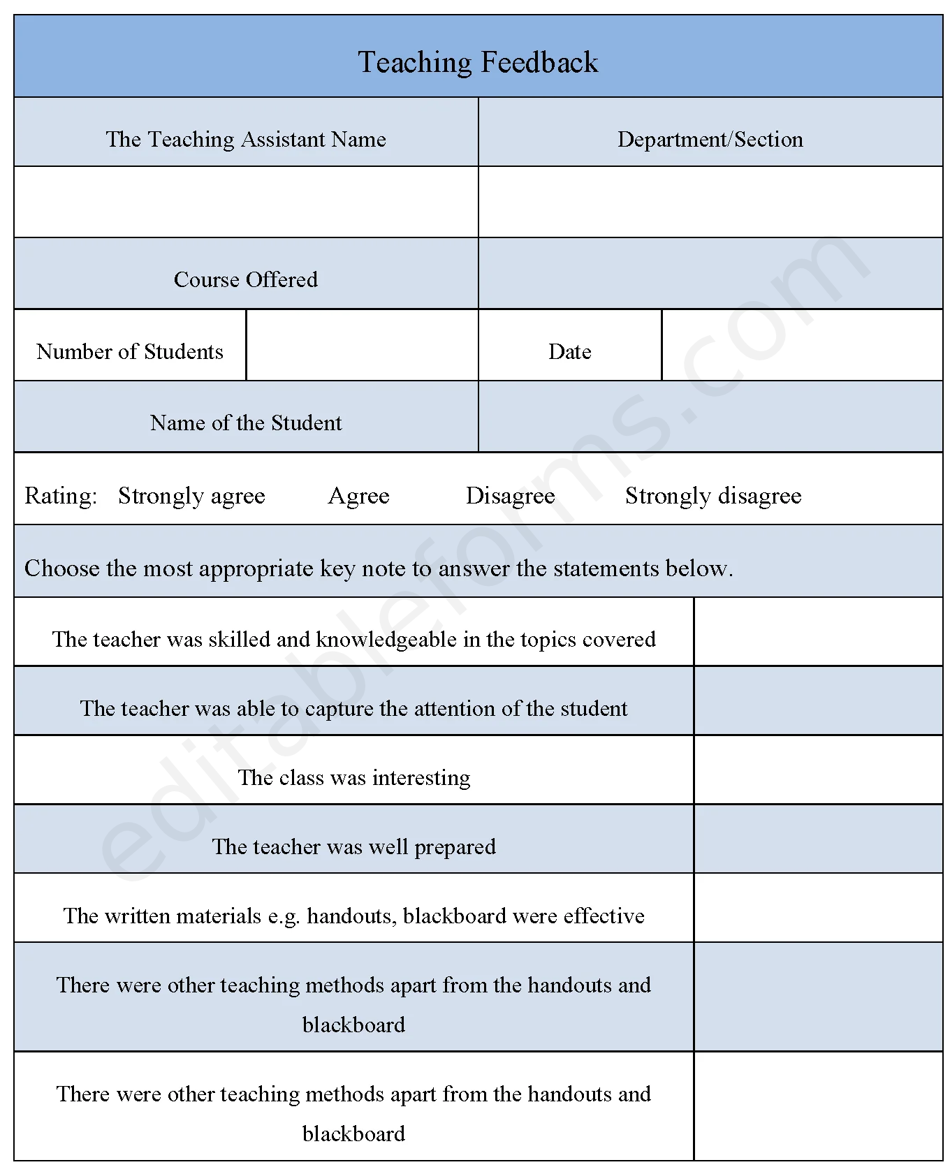 Teaching Feedback Fillable PDF Template