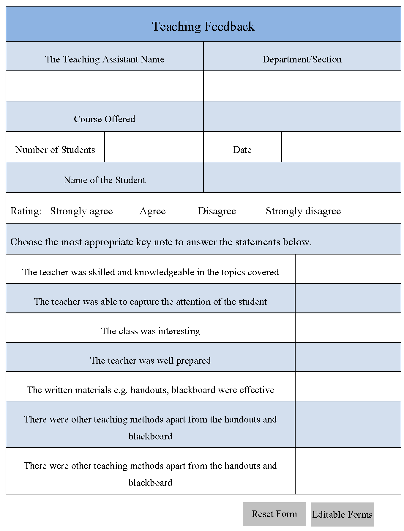 Teaching Feedback Form - Editable Forms