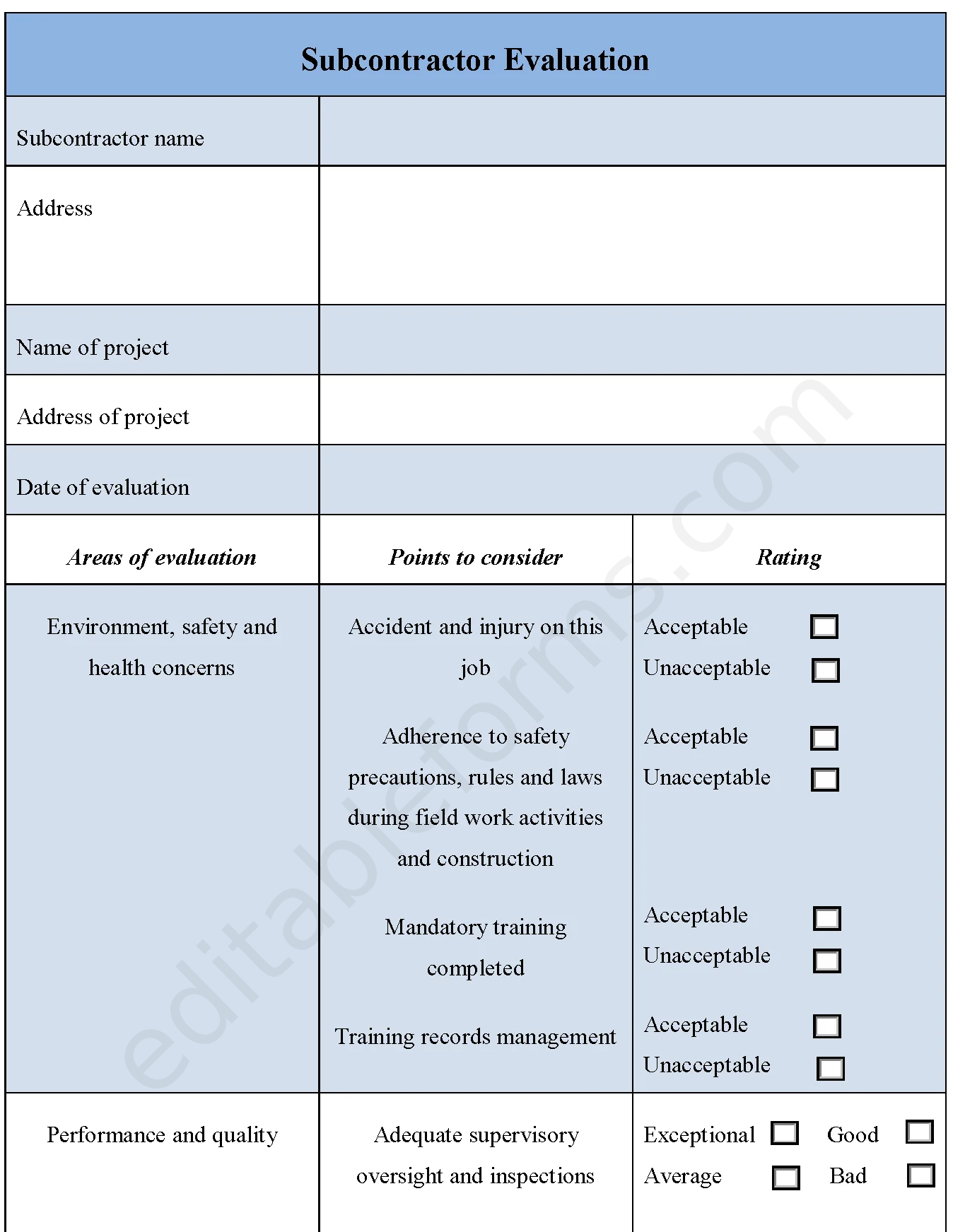 Subcontractor Evaluation Fillable PDF Template