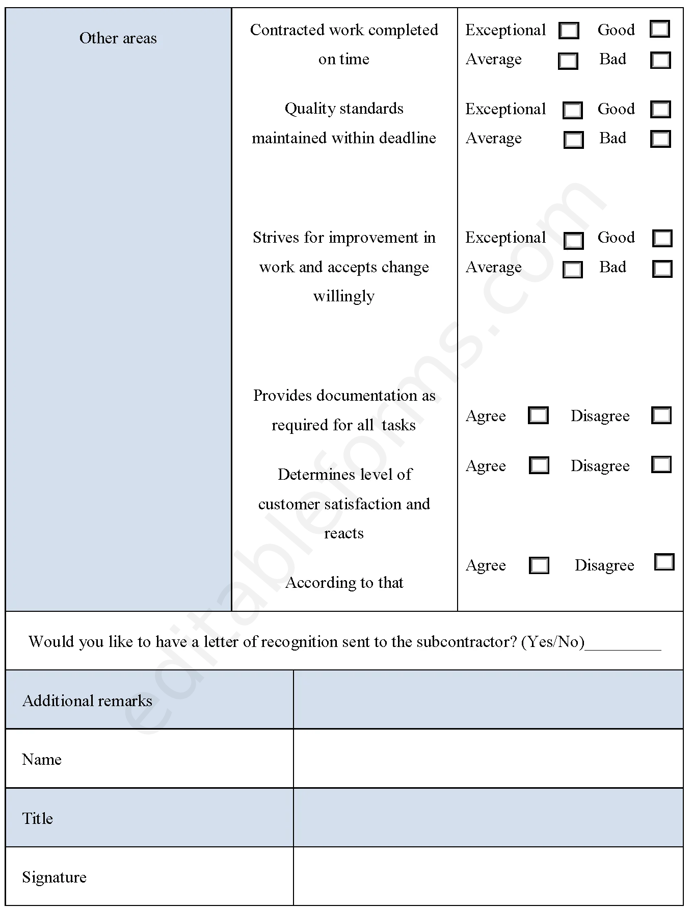 Subcontractor Evaluation Fillable PDF Template