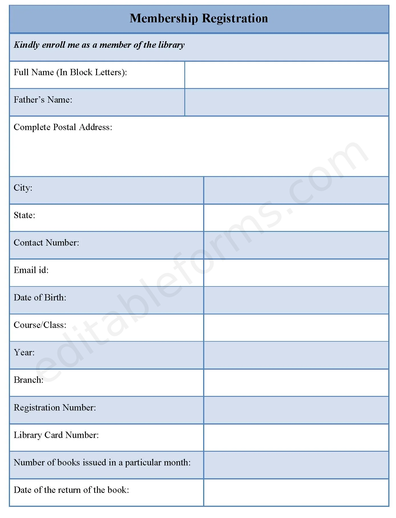 Membership Registration Fillable PDF Template