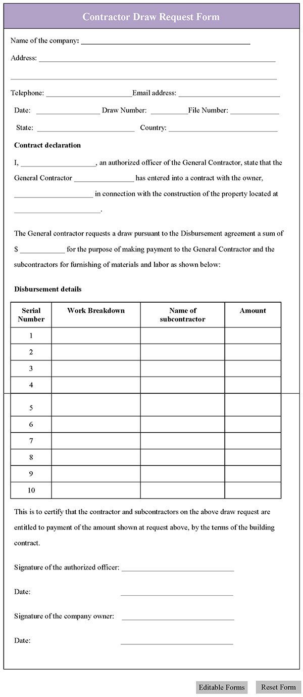 Contractor Draw Request Form Editable Forms