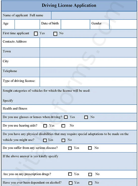 Driving License Application Fillable PDF Template