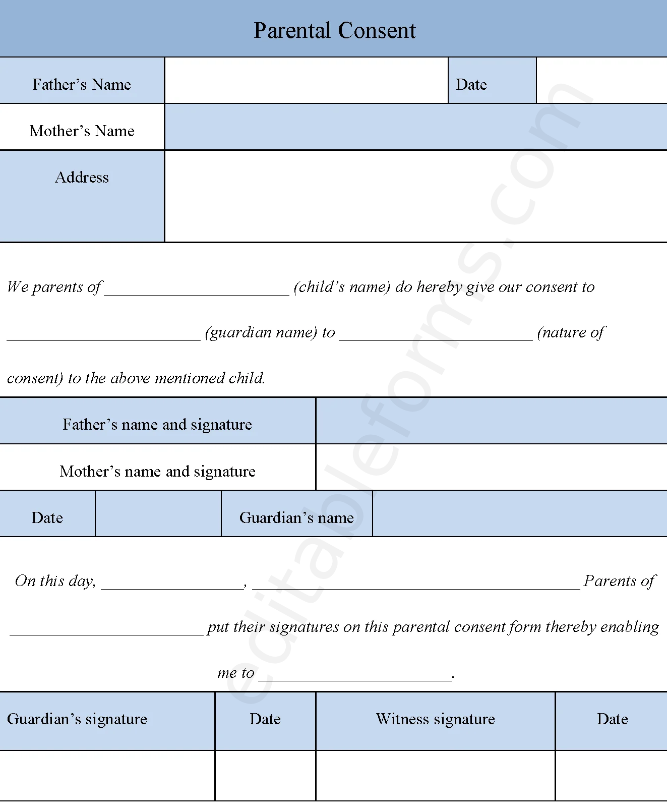 Parental Consent Fillable PDF Template