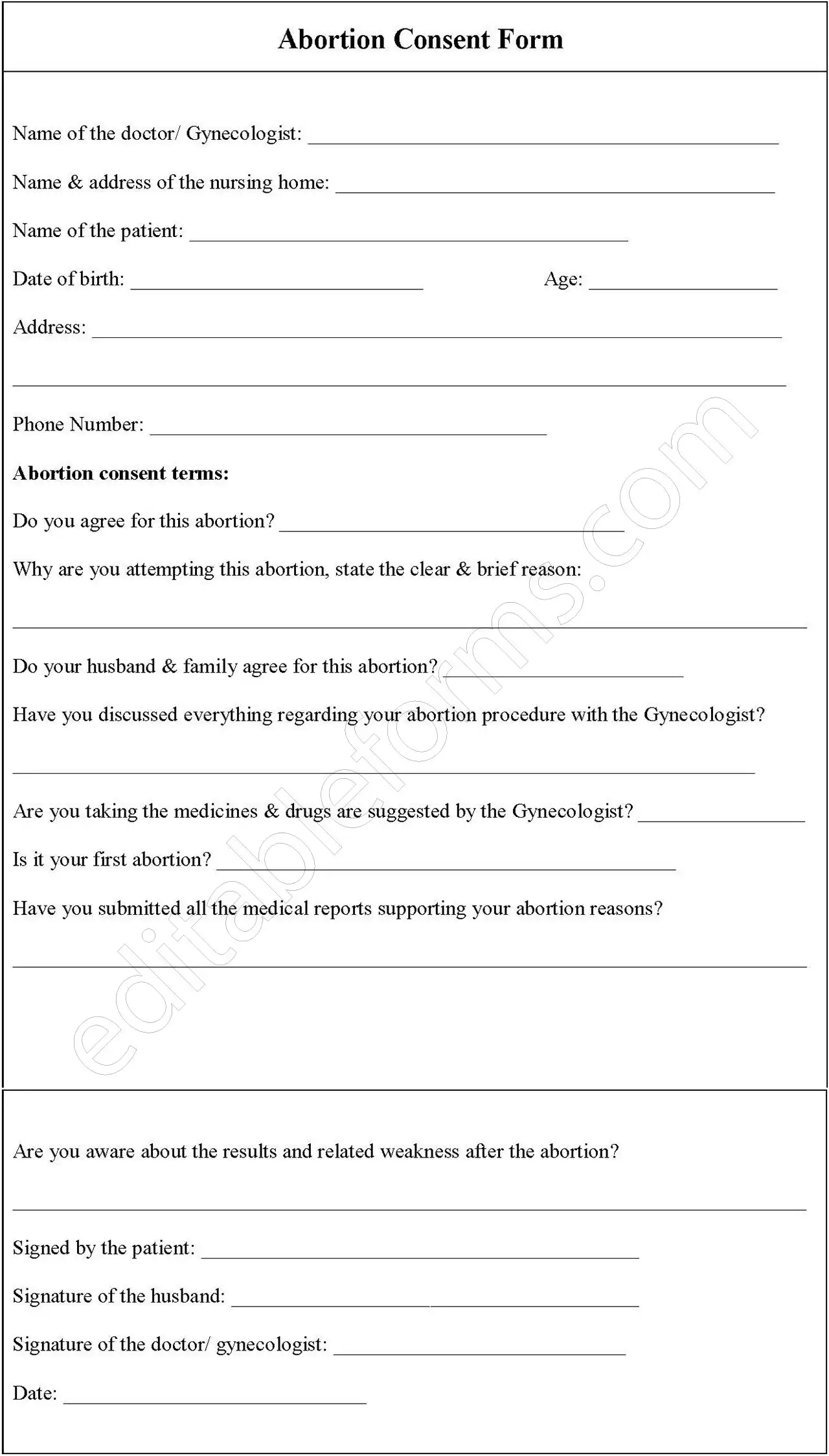 Abortion Consent Fillable PDF Template