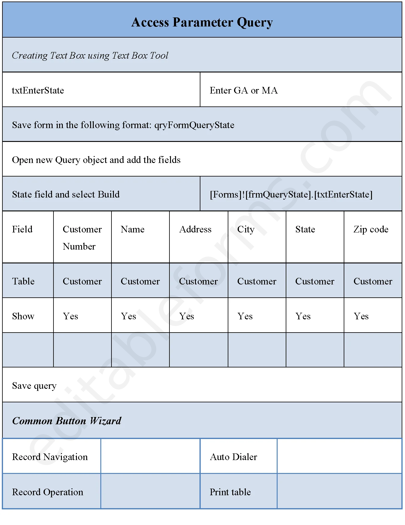 Access Parameter Query Fillable PDF Template