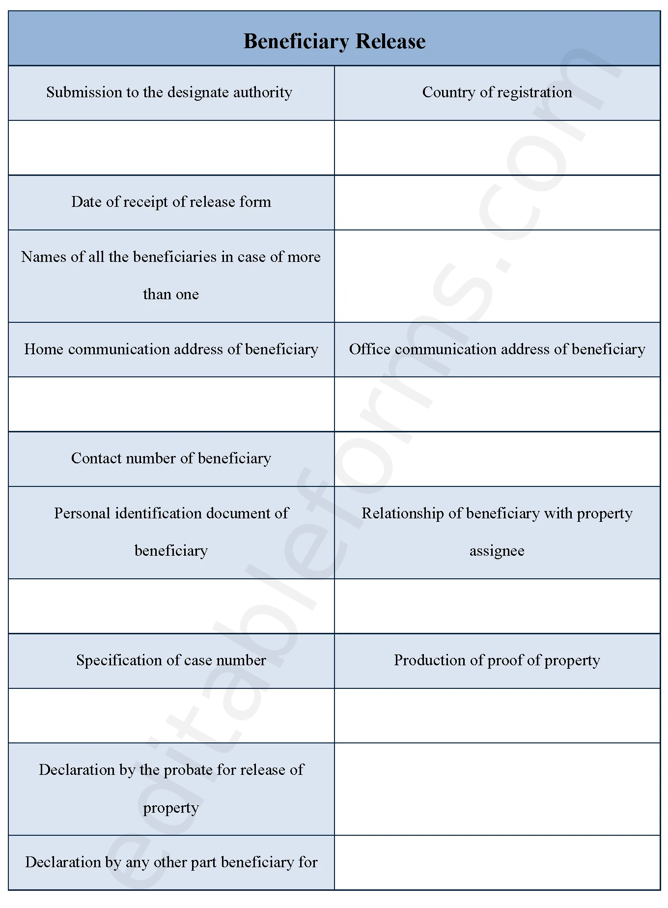 Beneficiary Release Fillable PDF Template