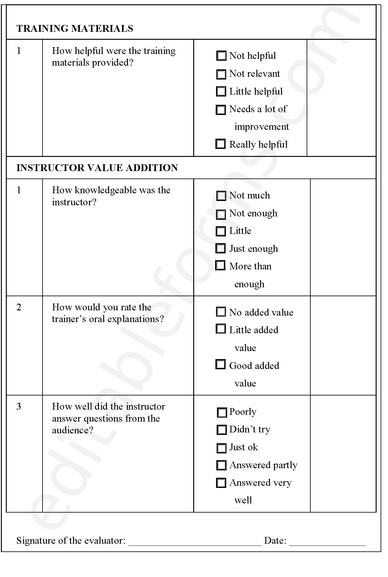 Training Evaluation Feedback Fillable PDF Template