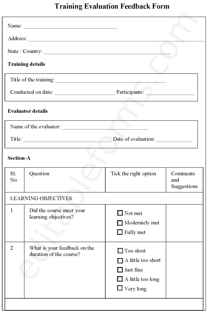 Training Evaluation Feedback Fillable PDF Template