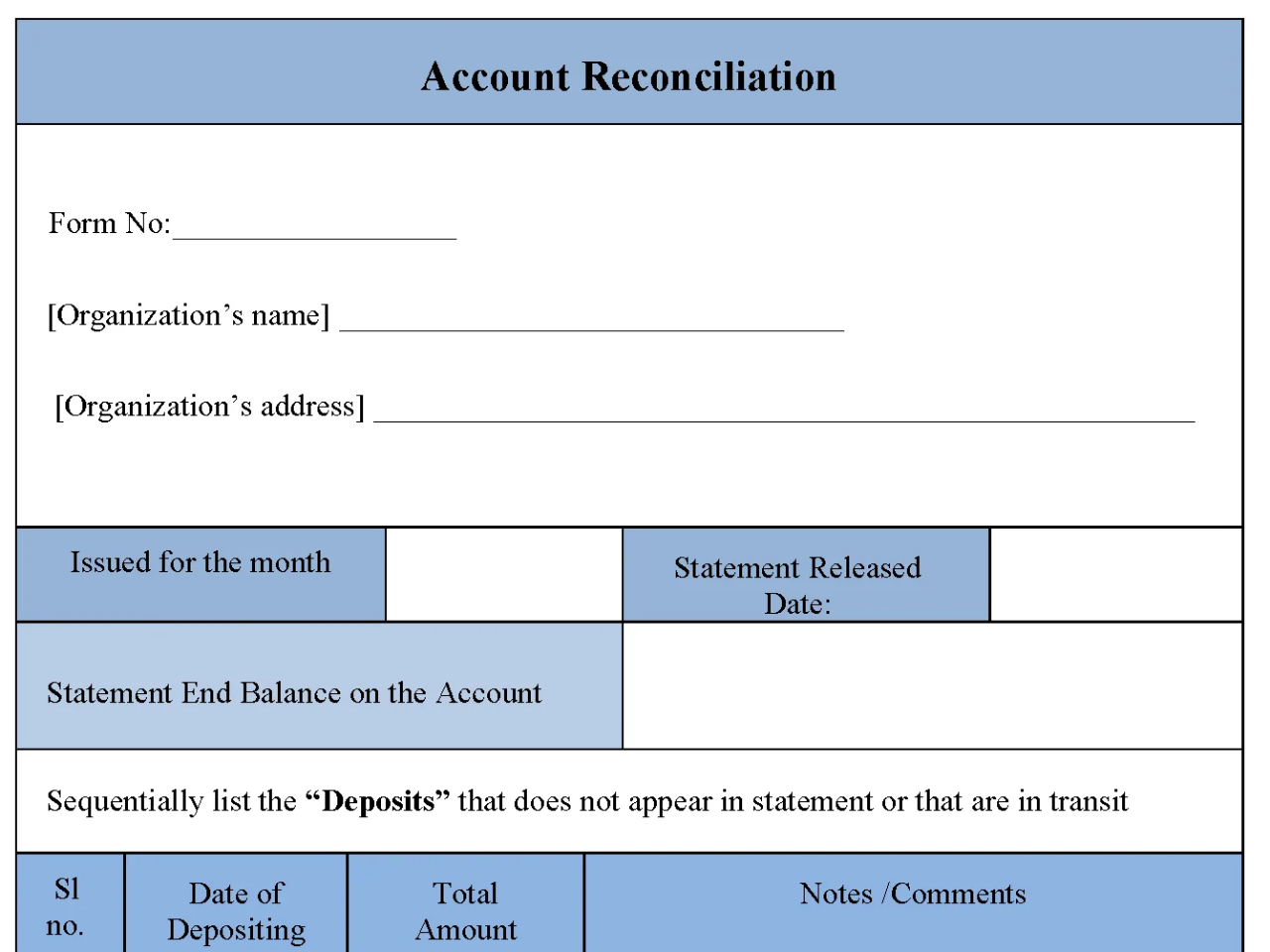 Account Reconciliation Fillable PDF Template