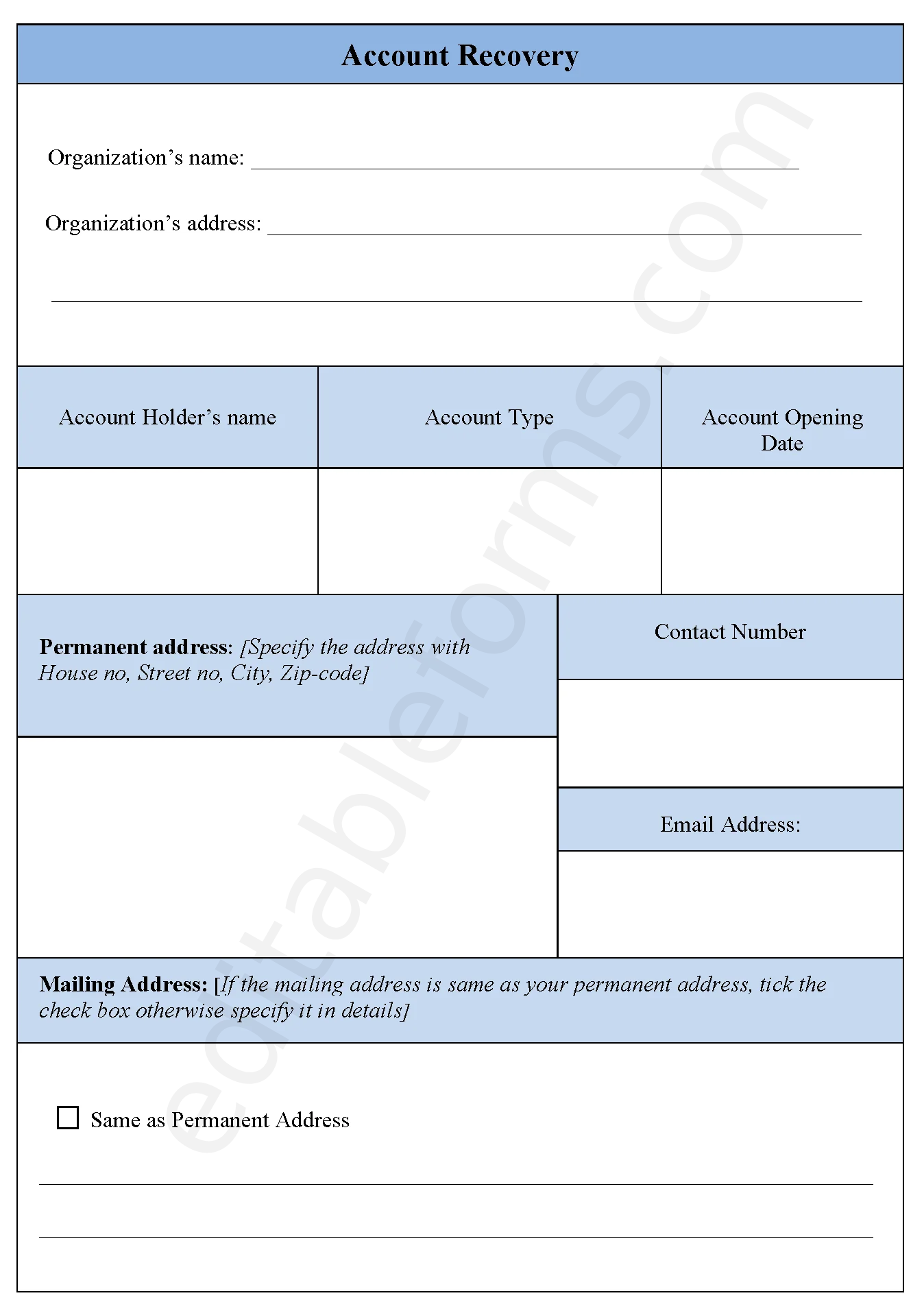 Account Recovery Fillable PDF Template