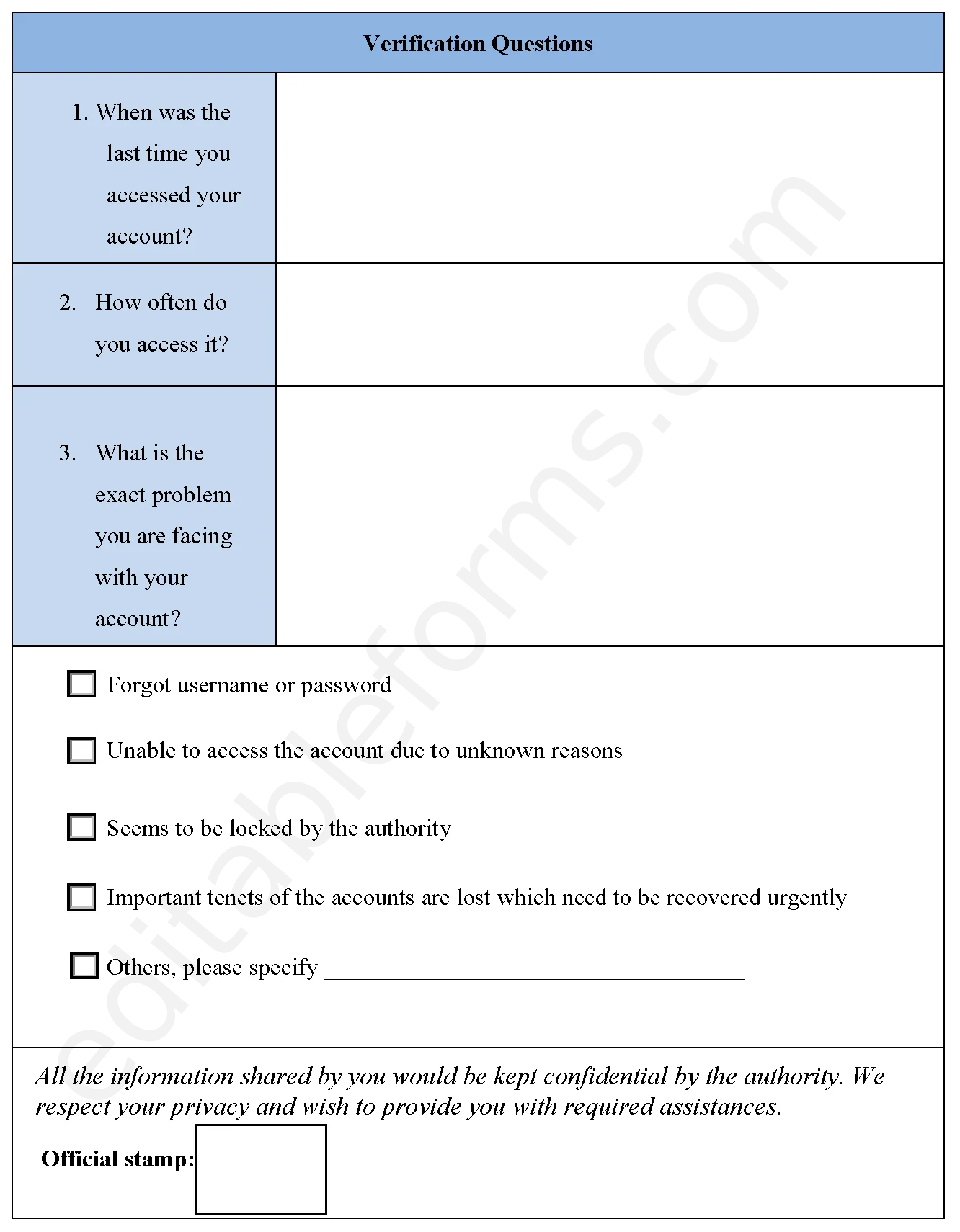 Account Recovery Fillable PDF Template