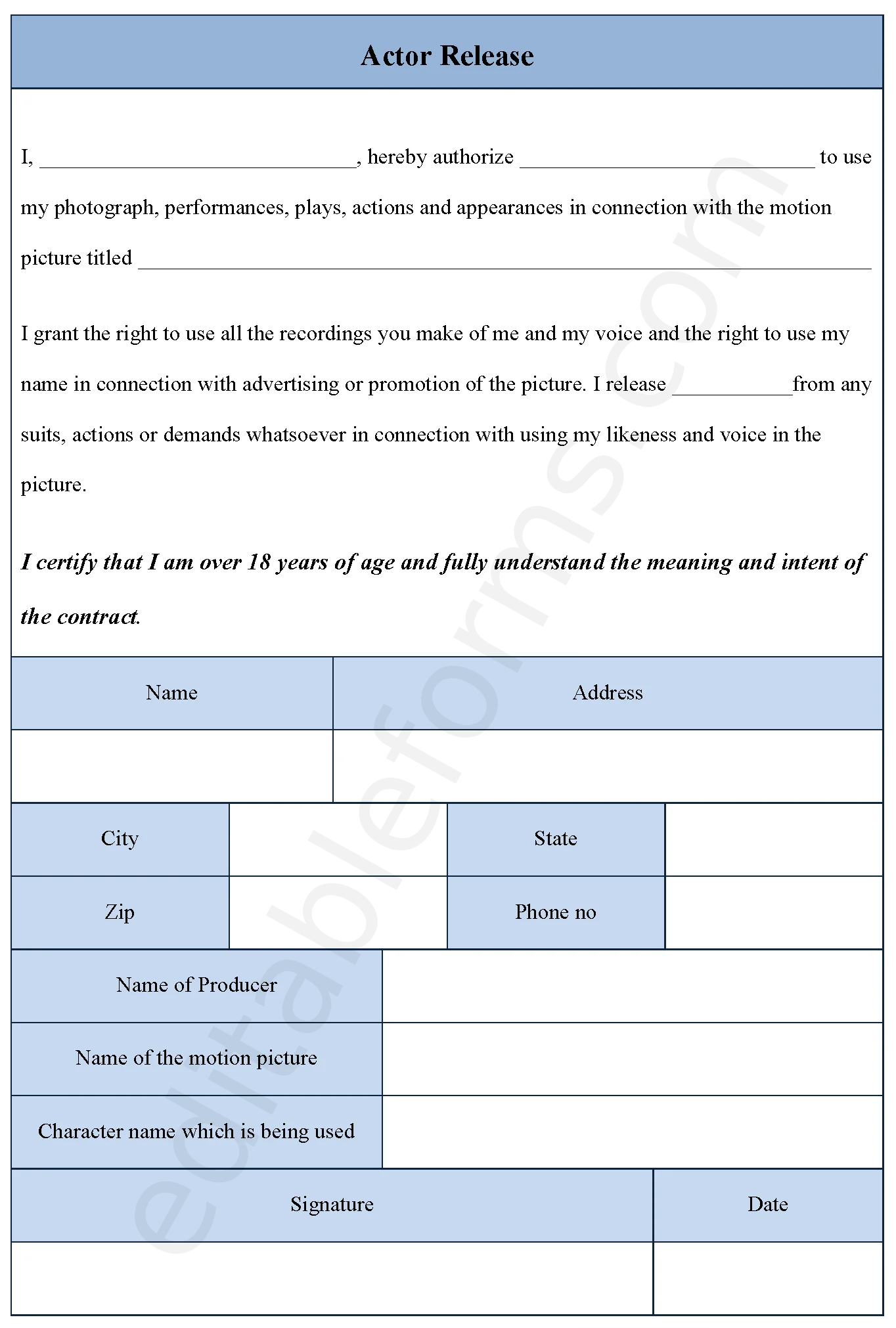 Actor Release Fillable PDF Template