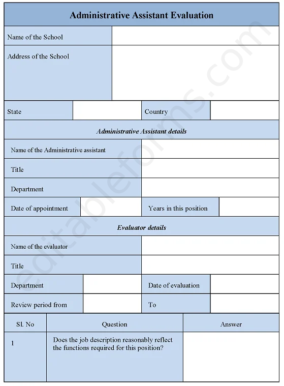 Administrative Assistant Evaluation Fillable PDF Template