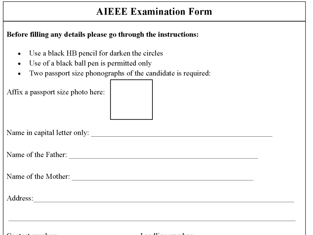 AIEEE Examination Form