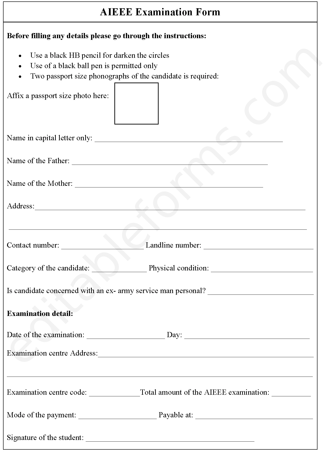 AIEEE Examination Fillable PDF Template