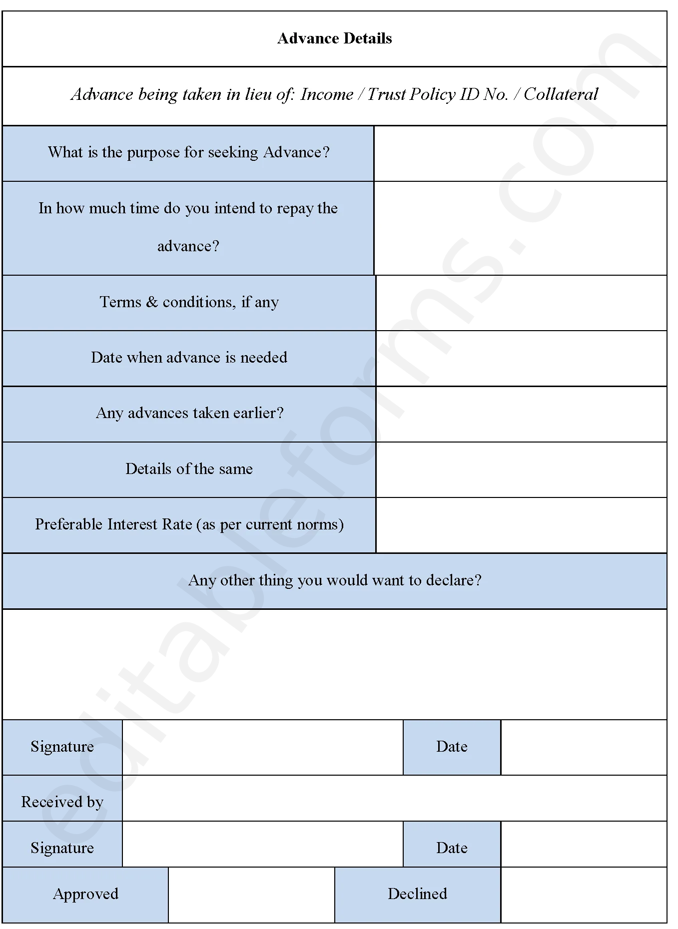 Advance Receipt Fillable PDF Template