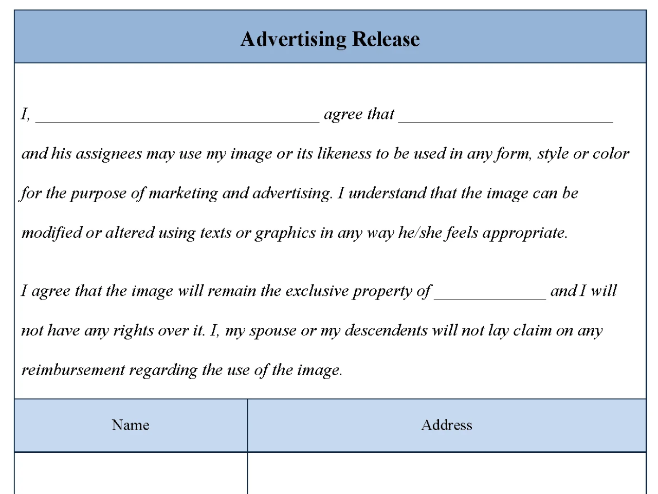 Advertising Release Form