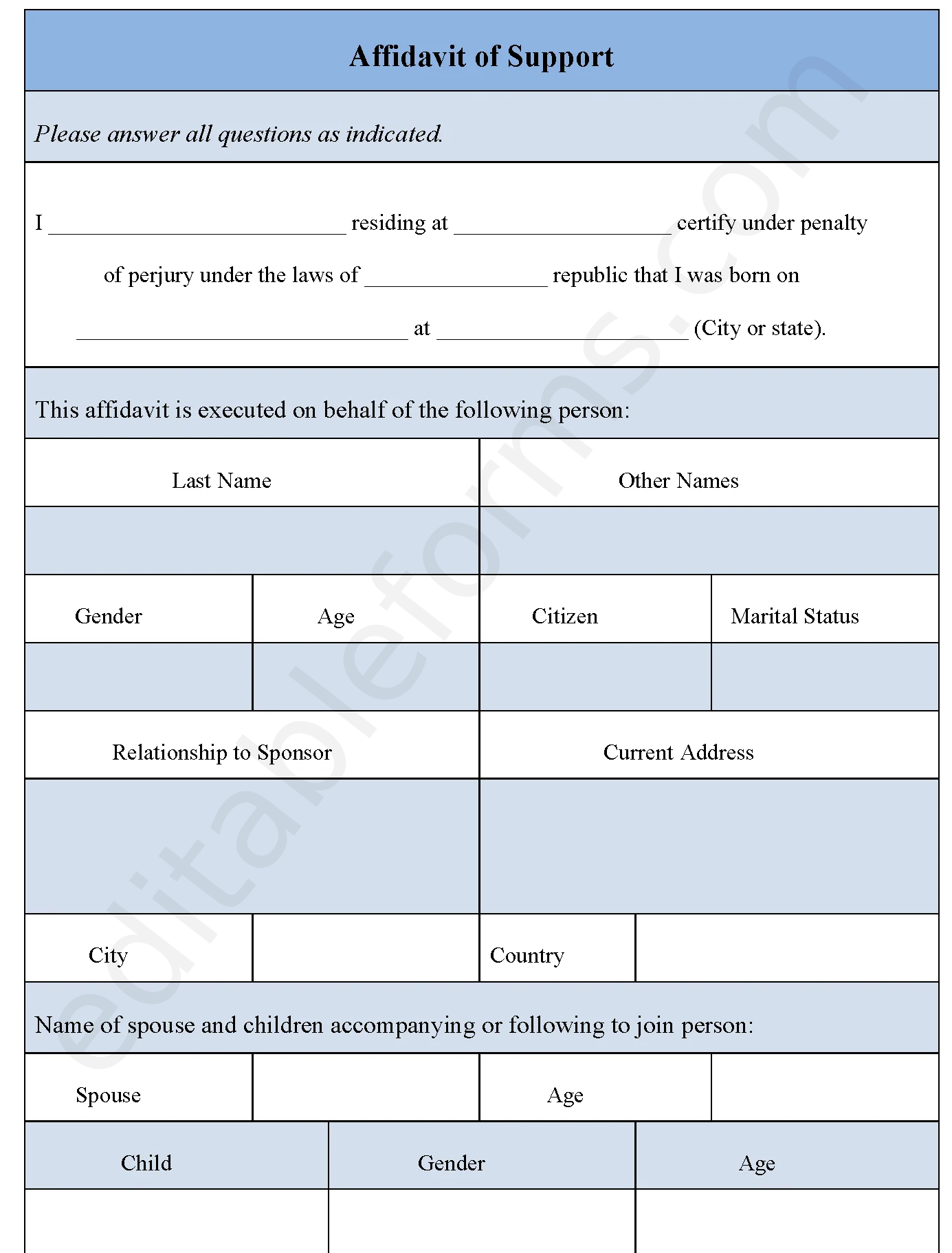 Affidavit Of Support Fillable PDF Template