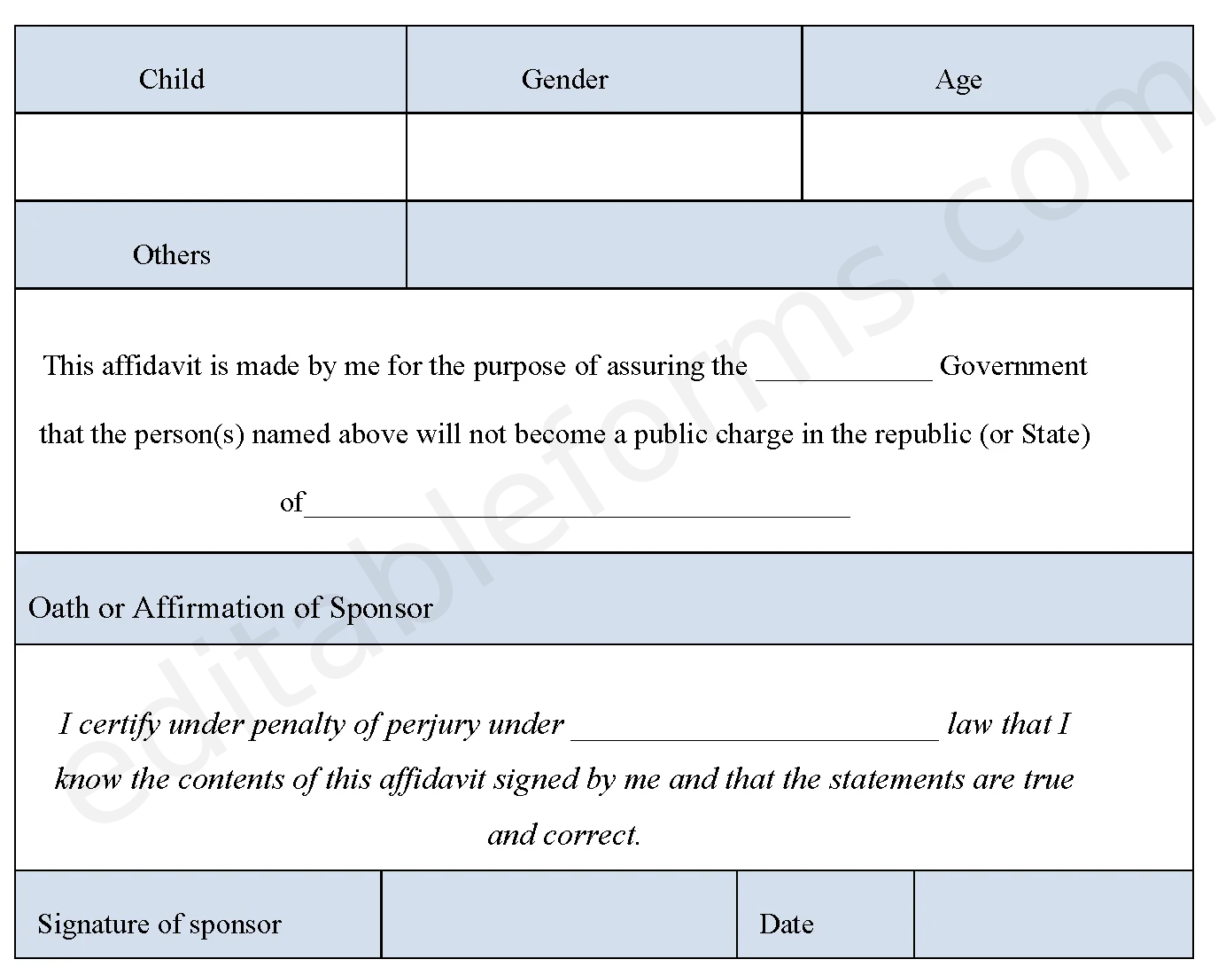 Affidavit Of Support Fillable PDF Template