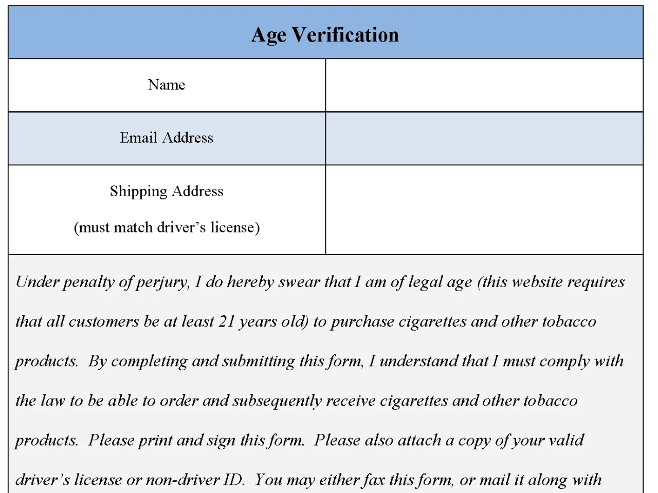 Age Verification Form Age Verification Form