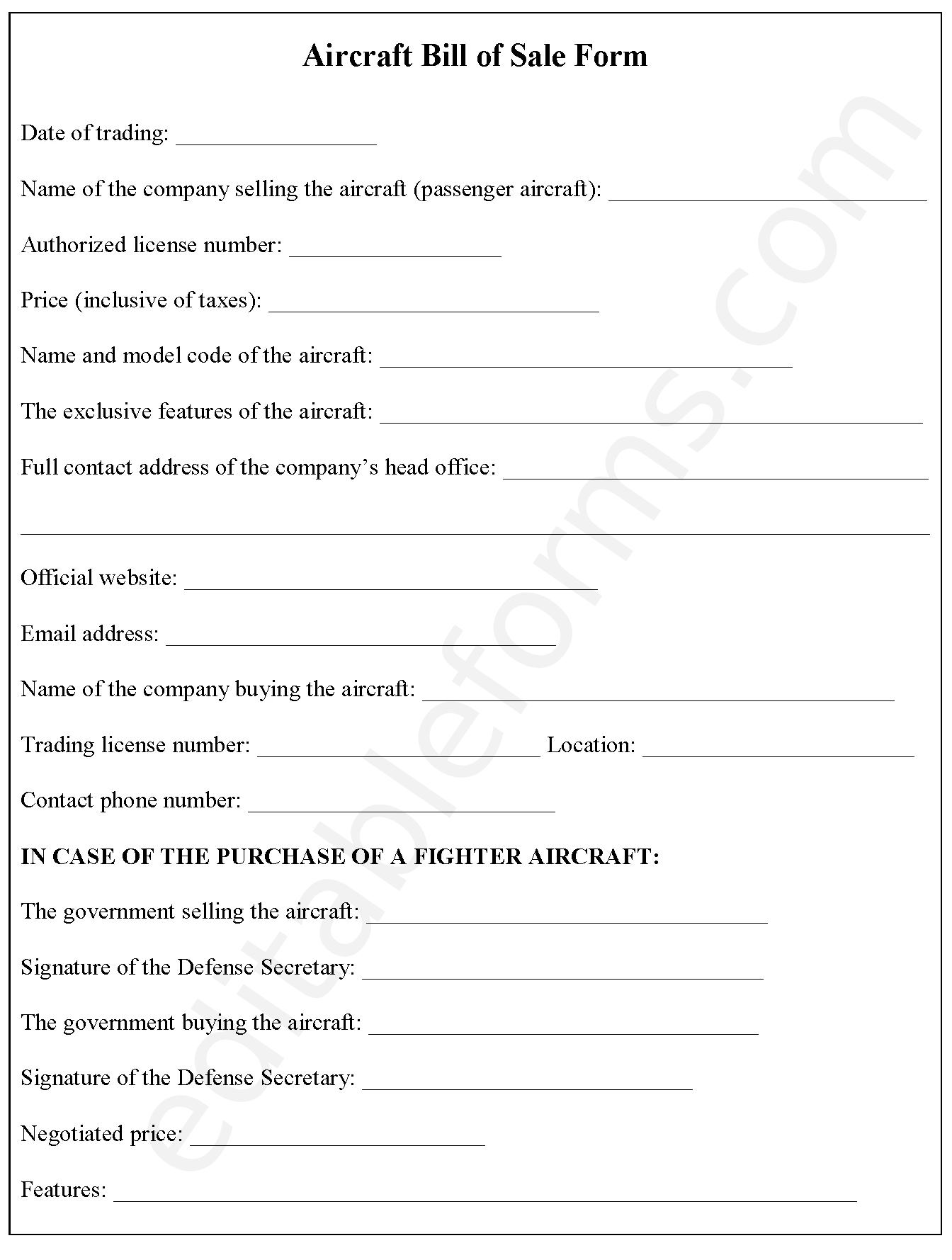 Aircraft Bill Of Sale Fillable PDF Template