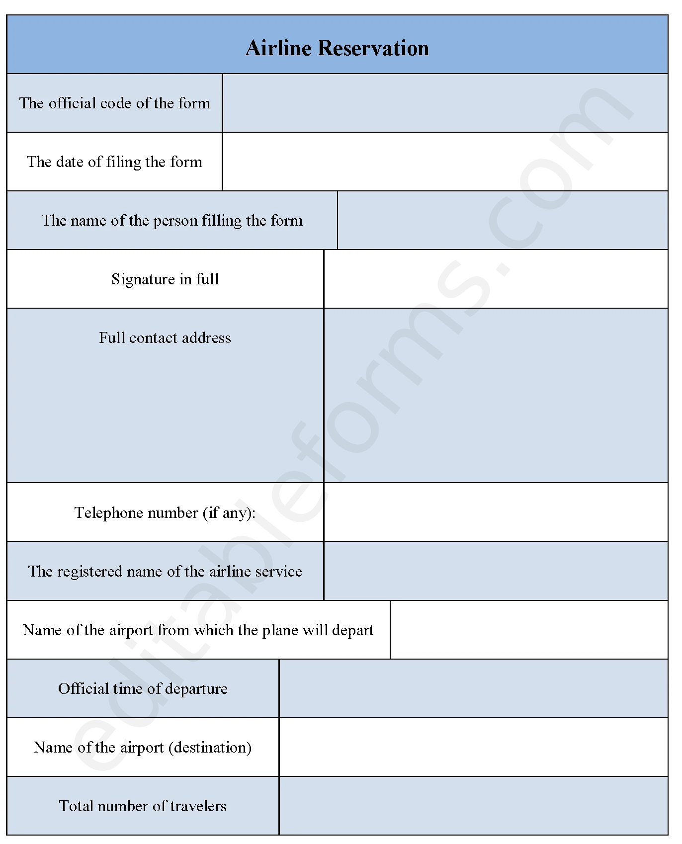 Airline Reservation Fillable PDF Template