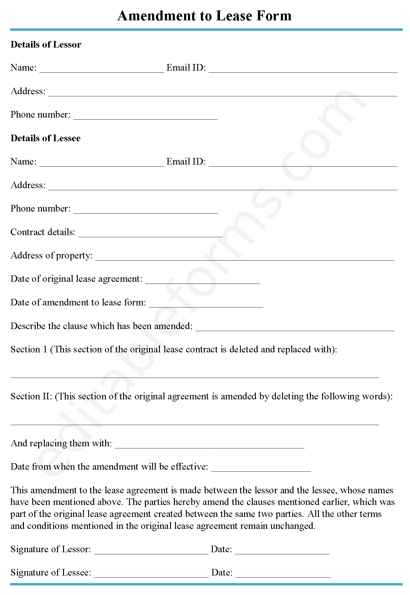 Amendment To Lease Fillable PDF Template