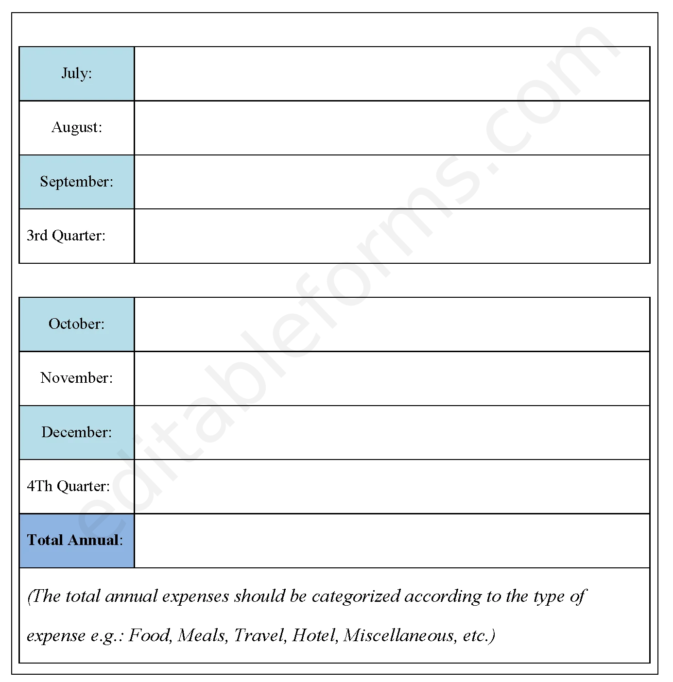 Annual Expense Fillable PDF Template