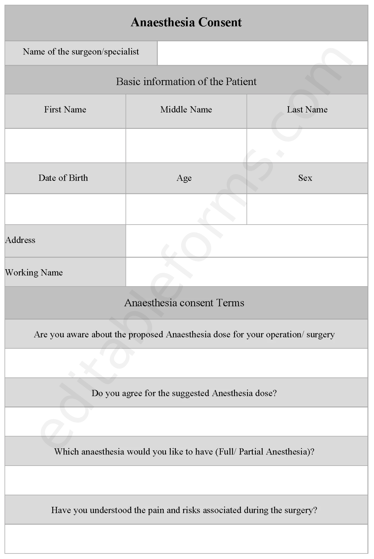 Anaesthesia Consent Form (New) Fillable PDF Template