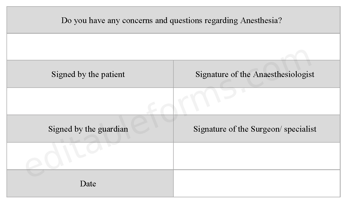 Anaesthesia Consent Form (New) Fillable PDF Template