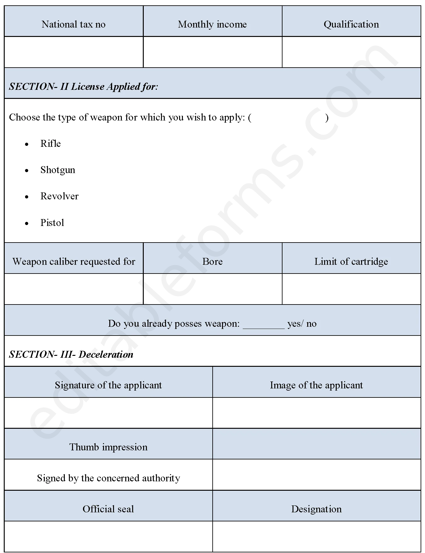 Arm License Fillable PDF Template