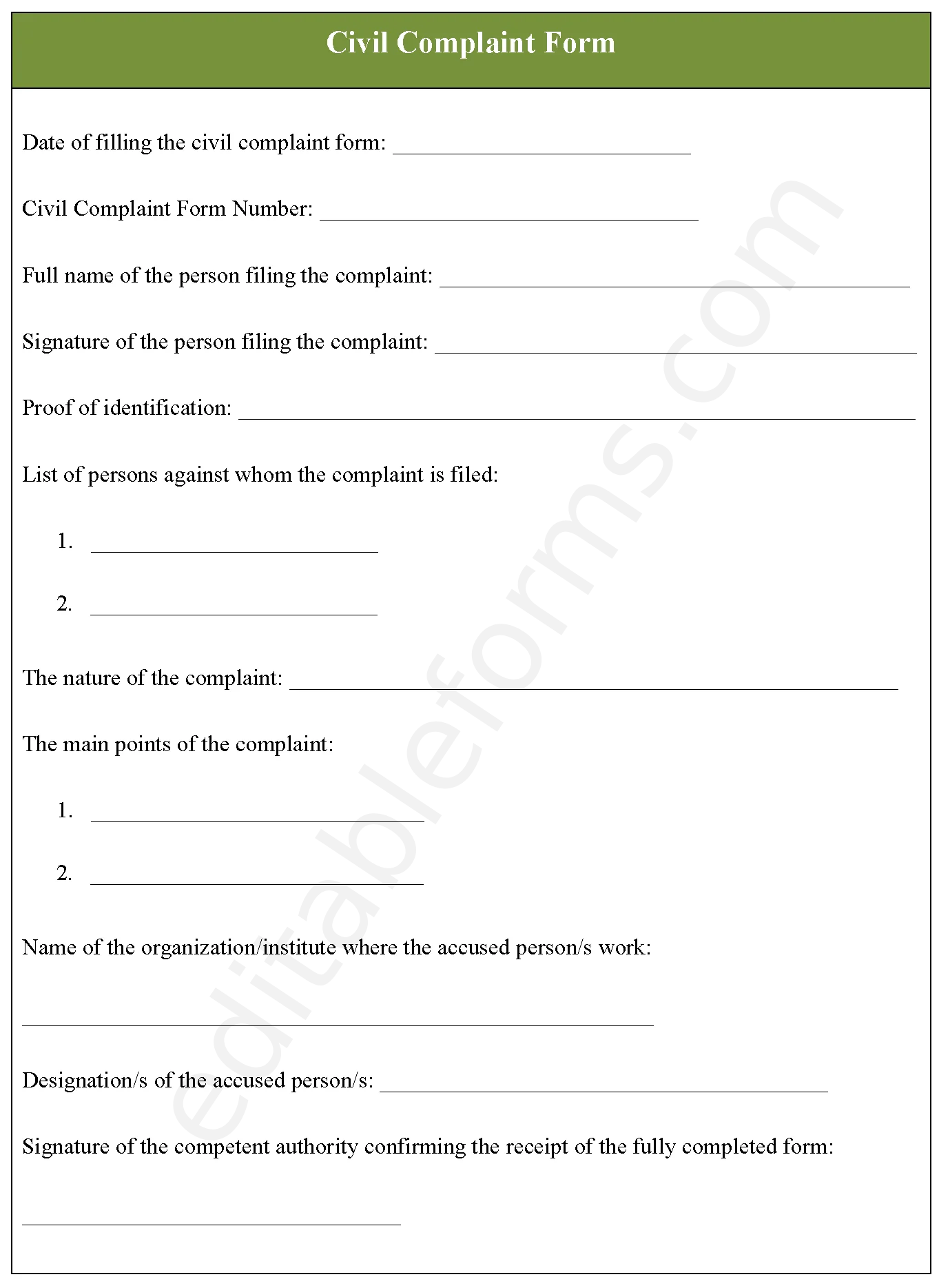 Civil Complaint Fillable PDF Template